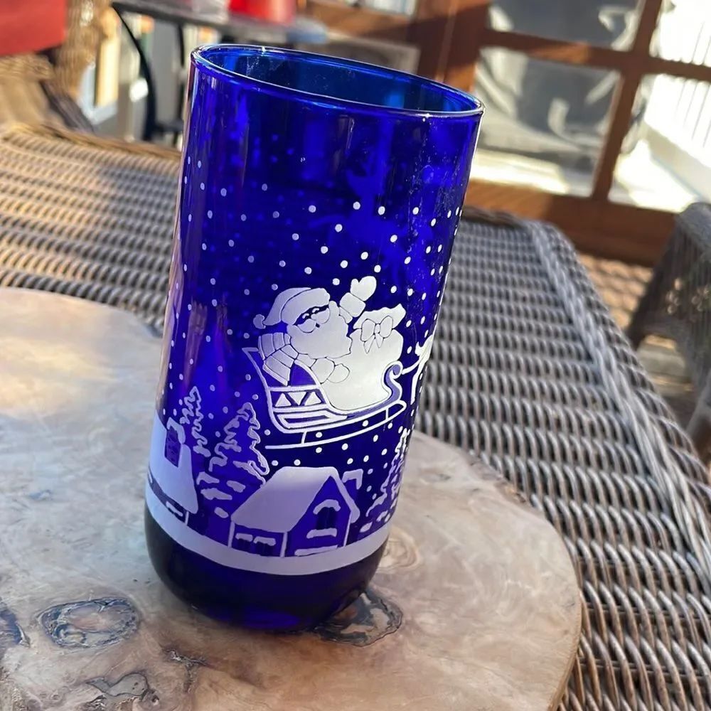 Vintage Libbey Cobalt Blue Santa Tumbler
